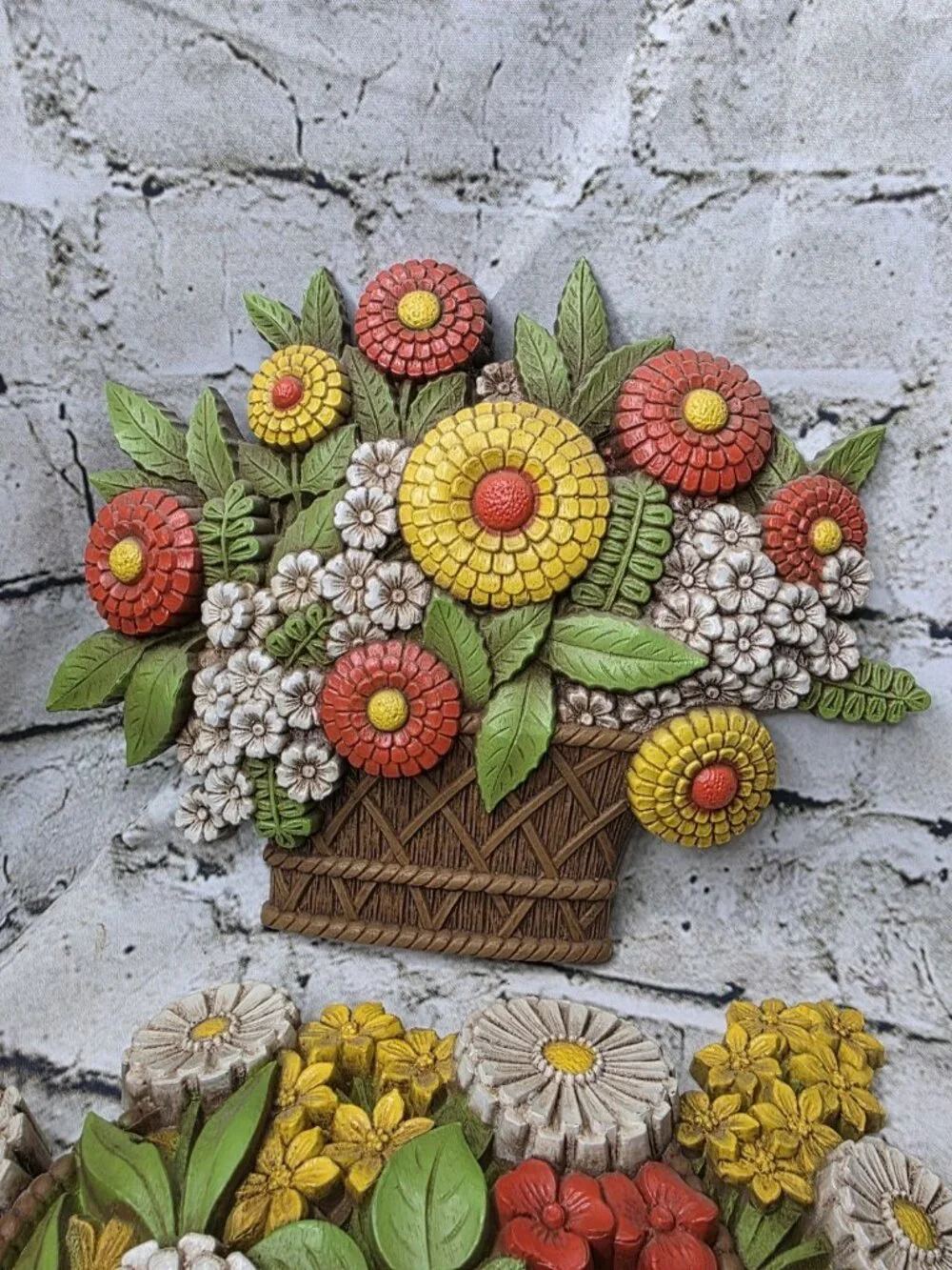 2 Vtg Syroco Molded Plastic Flower Basket Wall Plaques Decor Retro 1975 USA 11